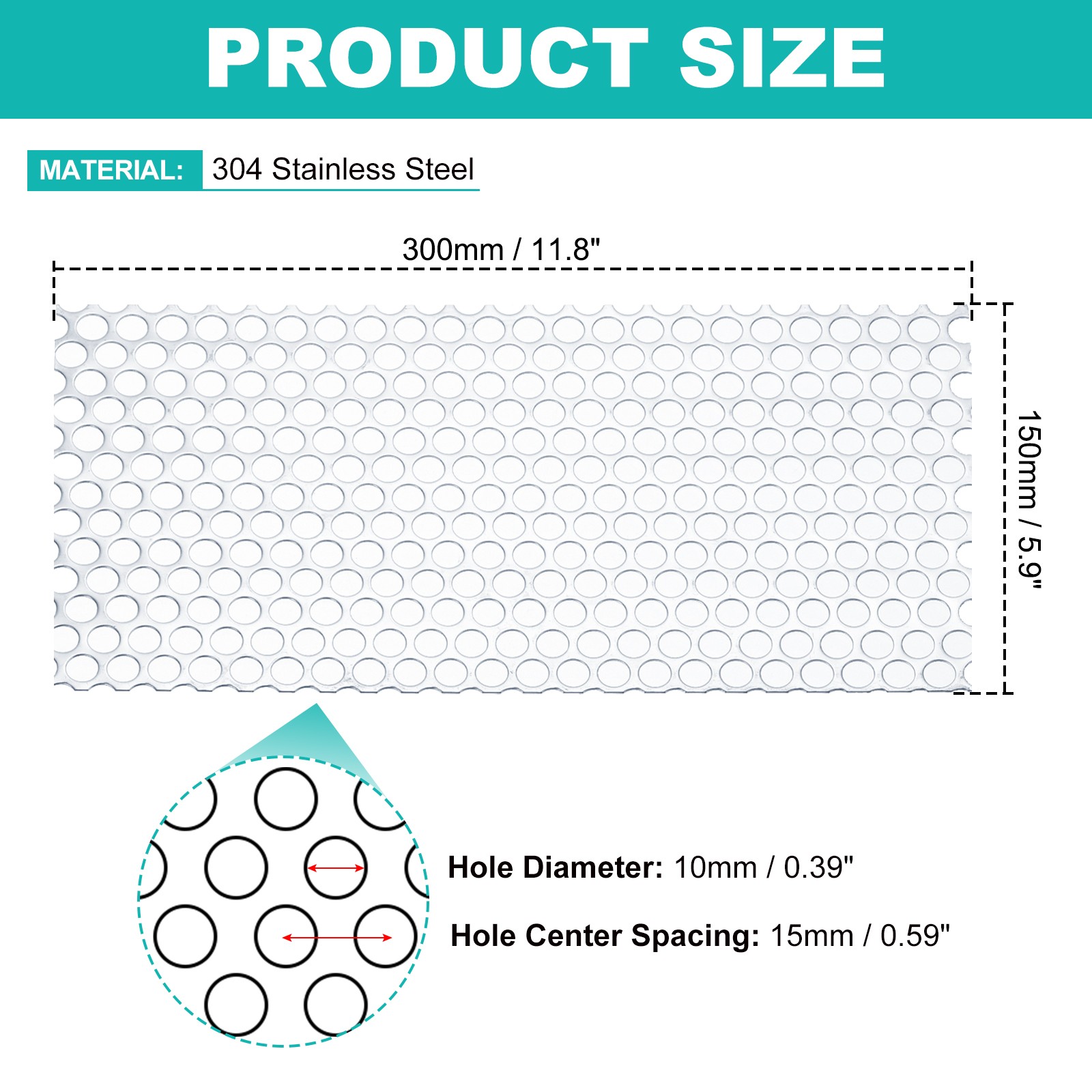 11.8″ x 5.9″ 304 Stainless Steel Perforated Sheet 0.39″ Hole 19GA Expanded Mesh