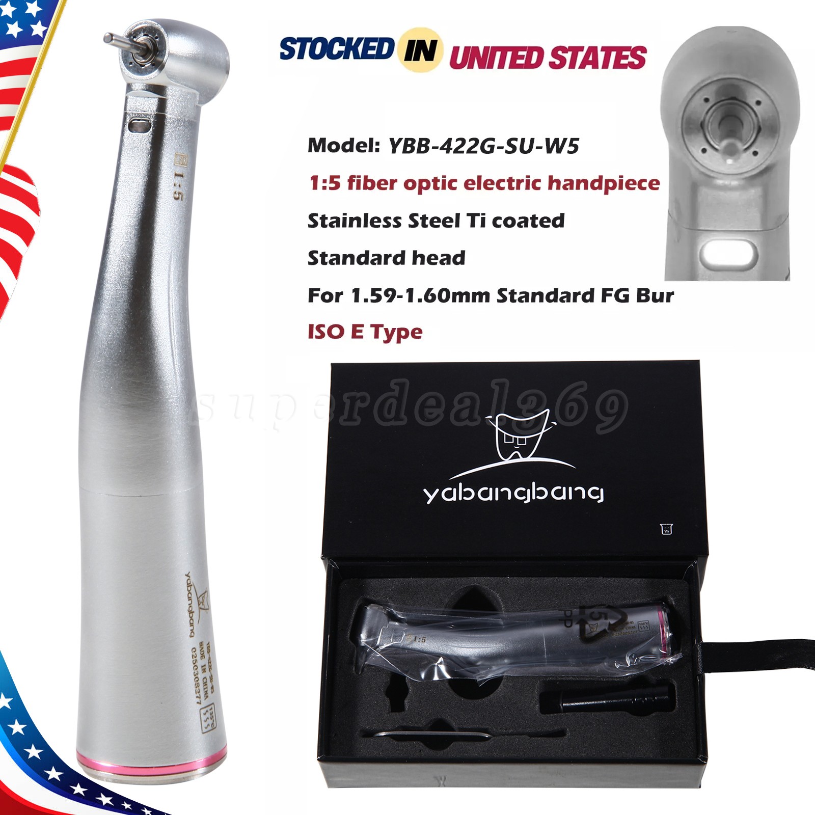 Yabangbang Dental Electric Handpiece 1:5 Contra Angle LED Optic High Speed 1-10