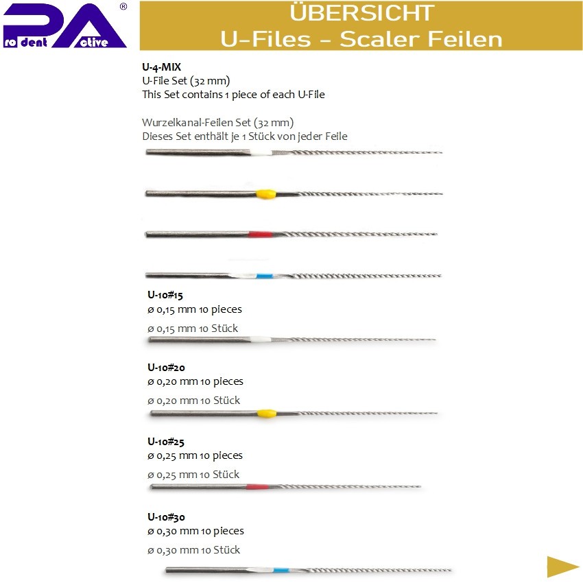 U-files – root canal files ISO 30 – Φ 0.30 mm, L = 33 mm – 10 pieces