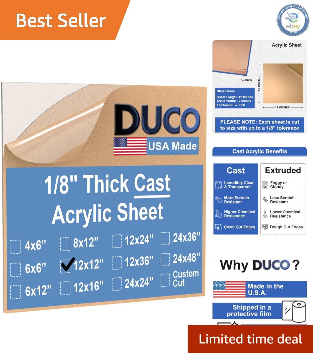 Duco USA-Made 12″ x 12″ Acrylic Sheet – Lightweight, Transparent & UV Resistant