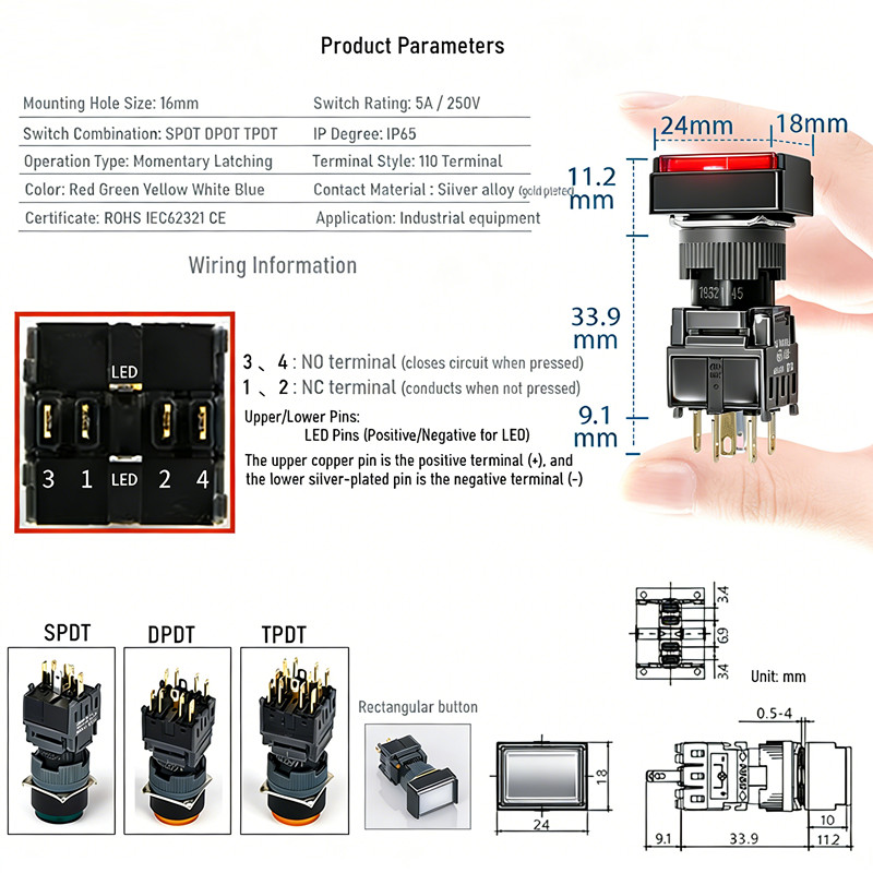 16mm1NO1NC/2NO2NC/3NO3NC Latching ON/OFF Rectangle Plastic Push Button SwitchCE