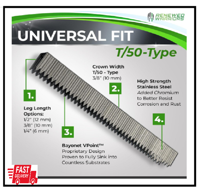 T50 Stainless Steel Staples 1/2 Marine; T/50 Type 1/2″ in Leg; 3/8″ Crown 500pc