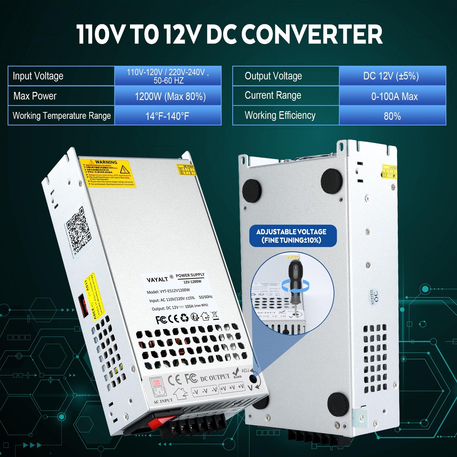 DC 12V 100A 1200W Switching Power Supply, 110V/220 V Power Supply AC to DC Co…