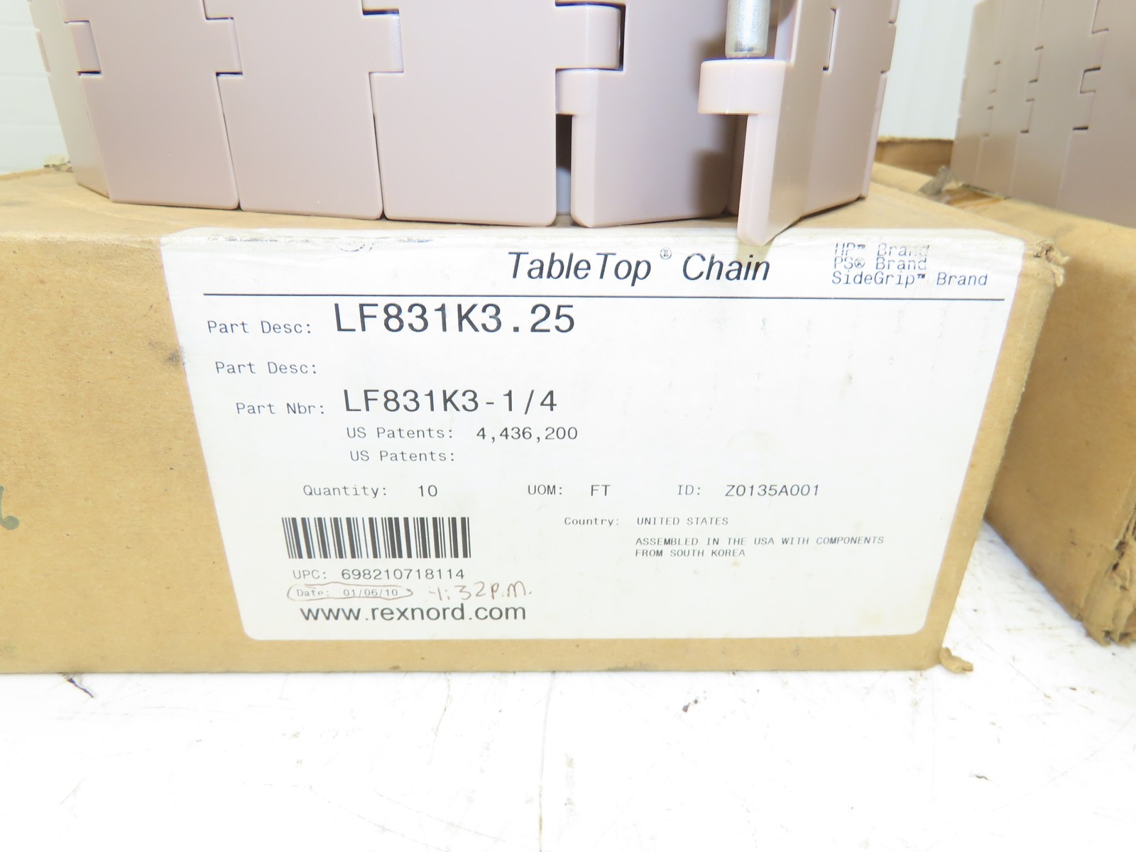 Rexnord LF831K3.25 Straight TableTop Conveyor Chain 3-1/4″x 10′ Lot of 2