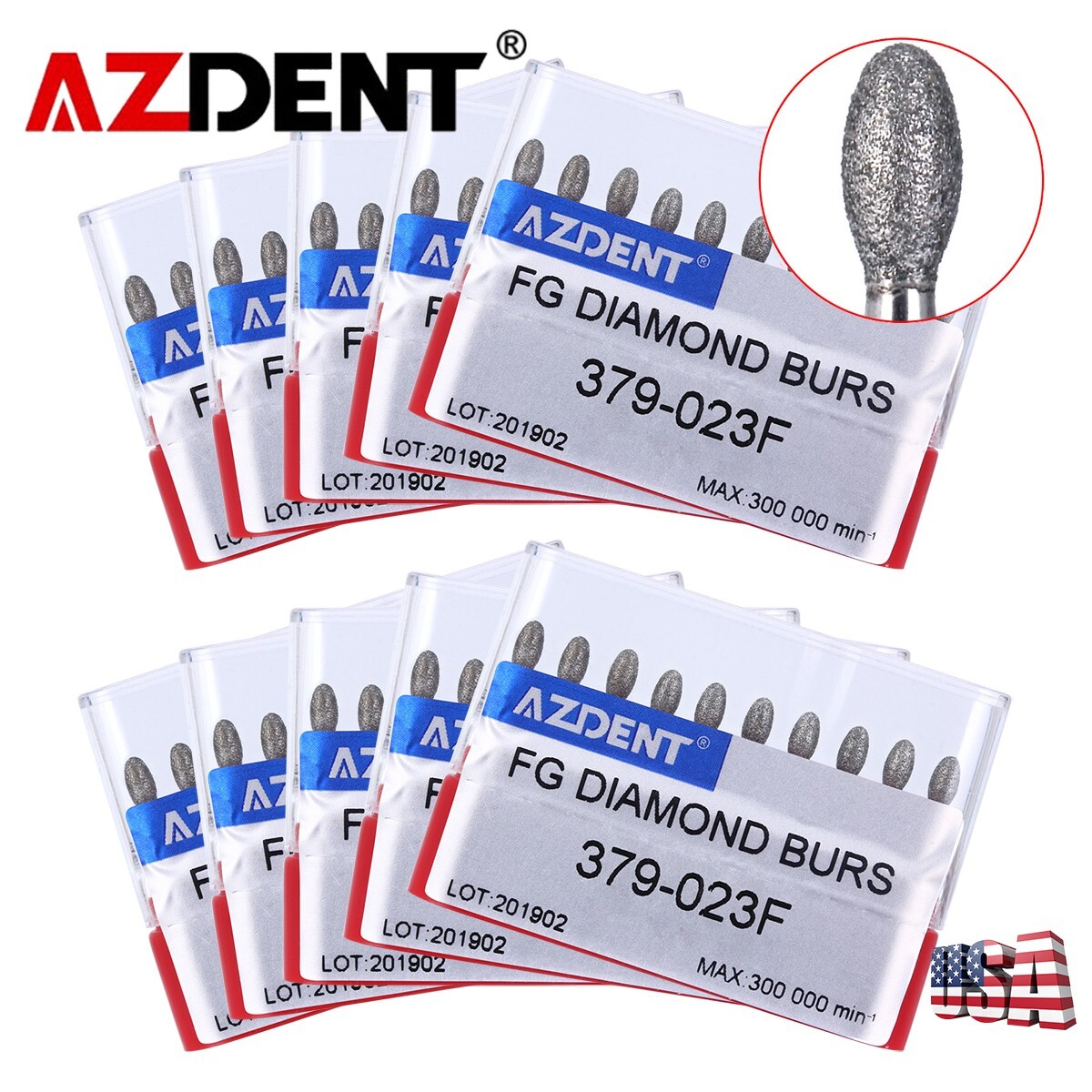 10 Box Dental Diamond Burs FOOTBALL 379-023F FINE RED DEFEND Friction Grip