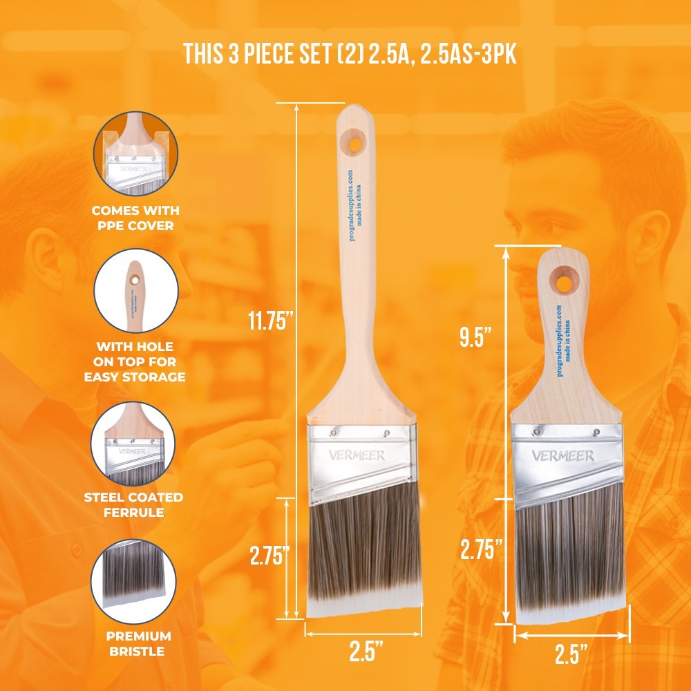 3-Pack – 2.5″ Angle Brushes for All Latex and Oil Paints & Stains