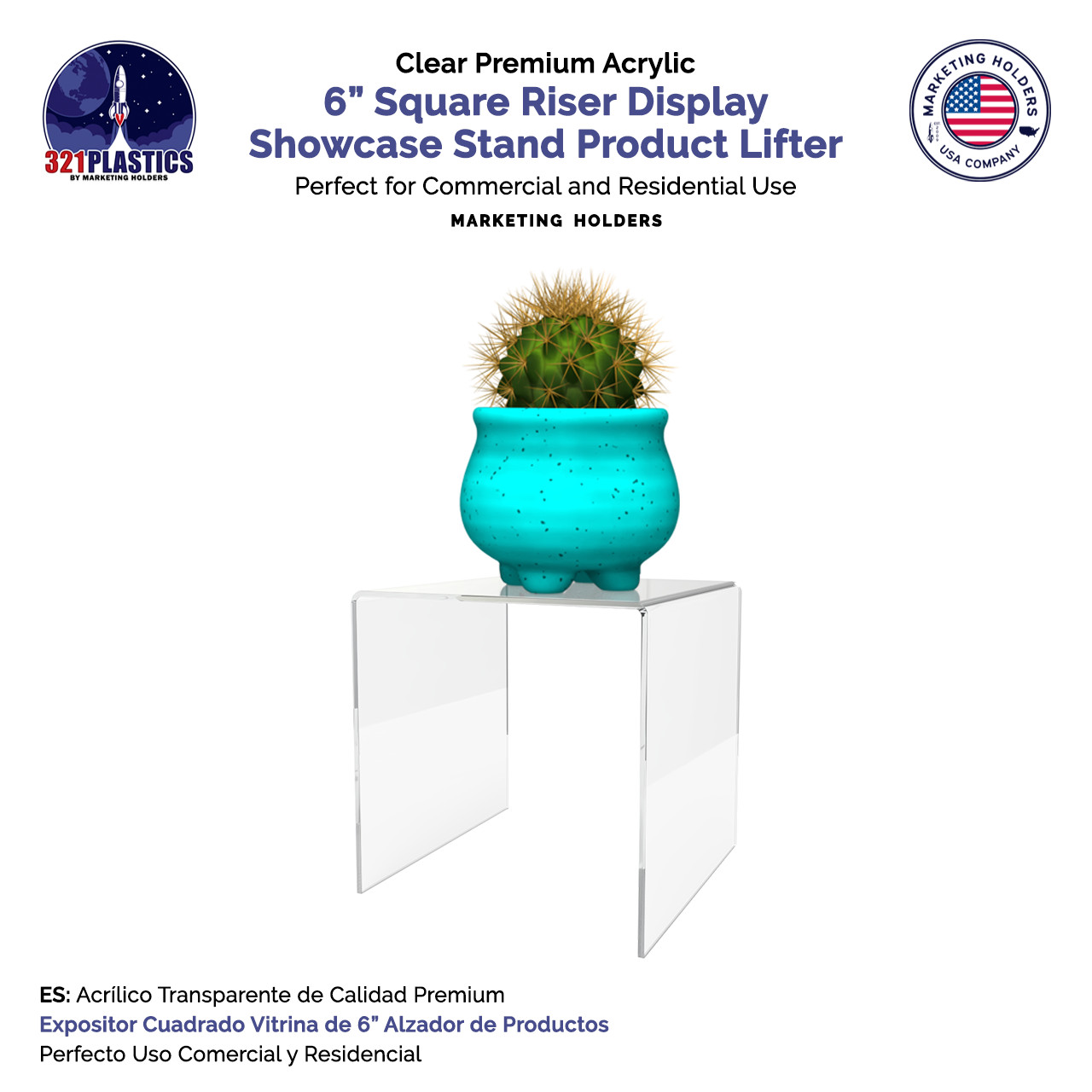 6″ Square Riser Display Showcase Stand Acrylic Product Platform 3 Sided Riser