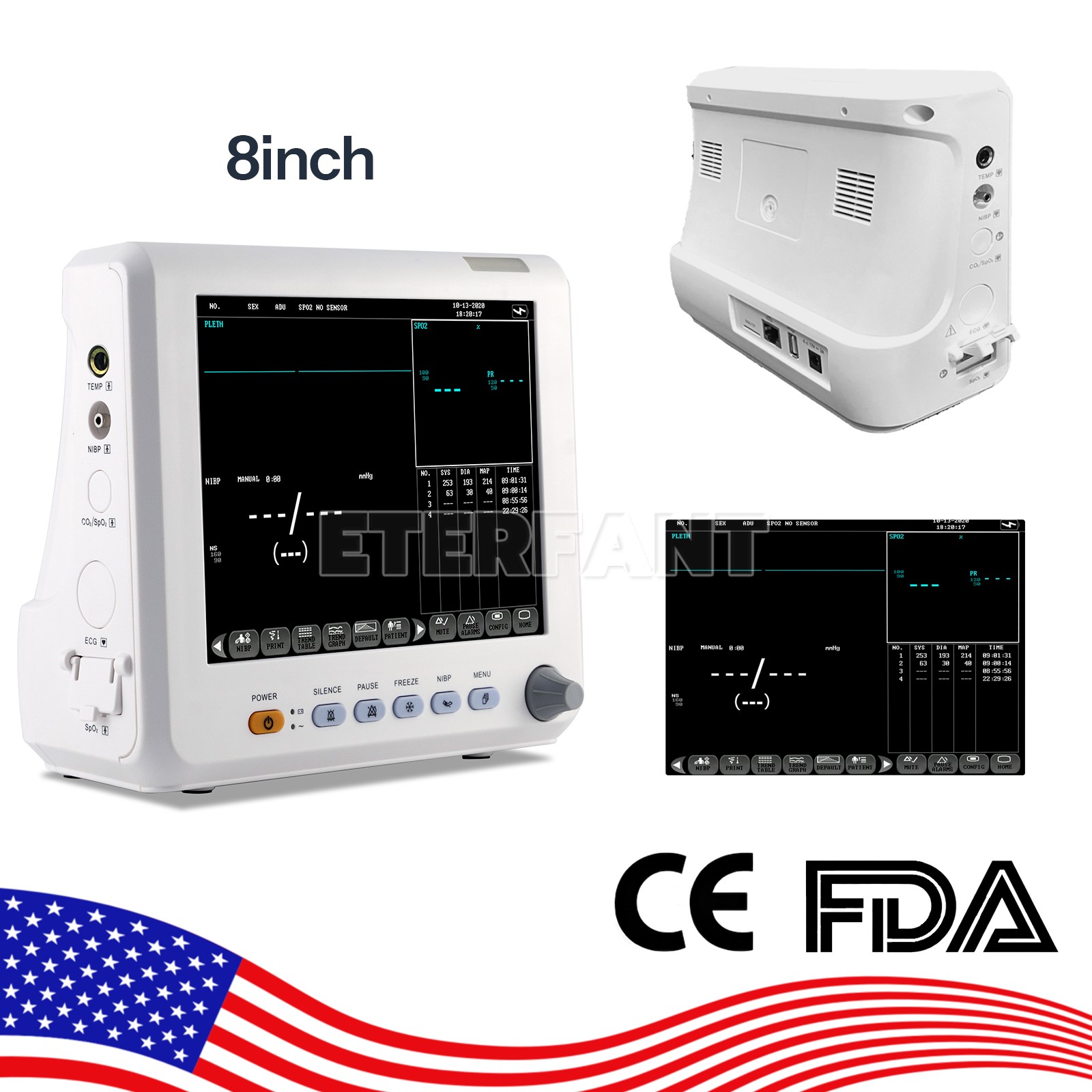 ETERFANT 8″ Patient Monitor ICU CCU Vital Signs Machine NIBP, SPO2, PR,TEMP