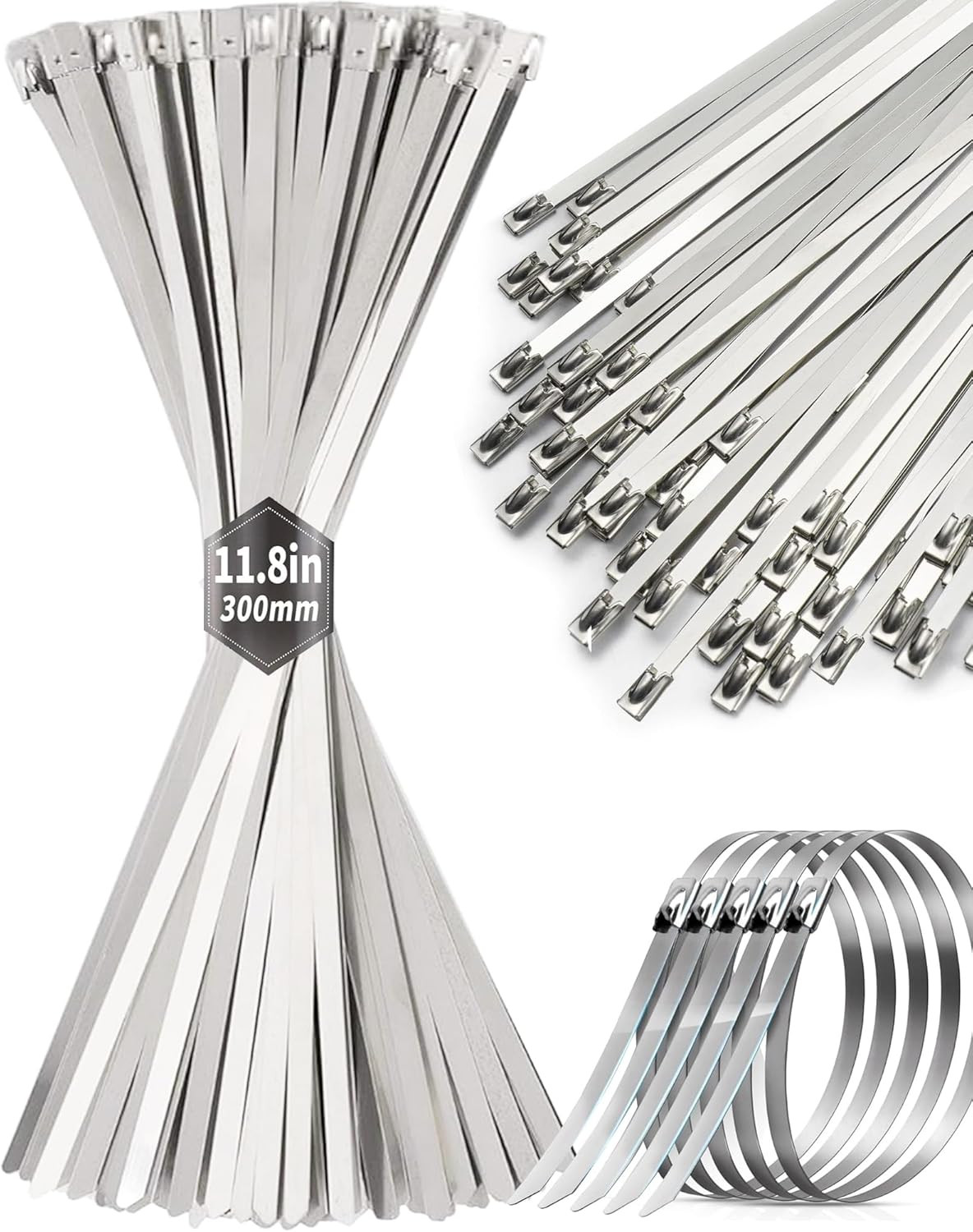 50Pcs Metal Zip Ties 11.8 Inch 304 Stainless Steel Zip Ties, Heavy Duty Multi-Pu