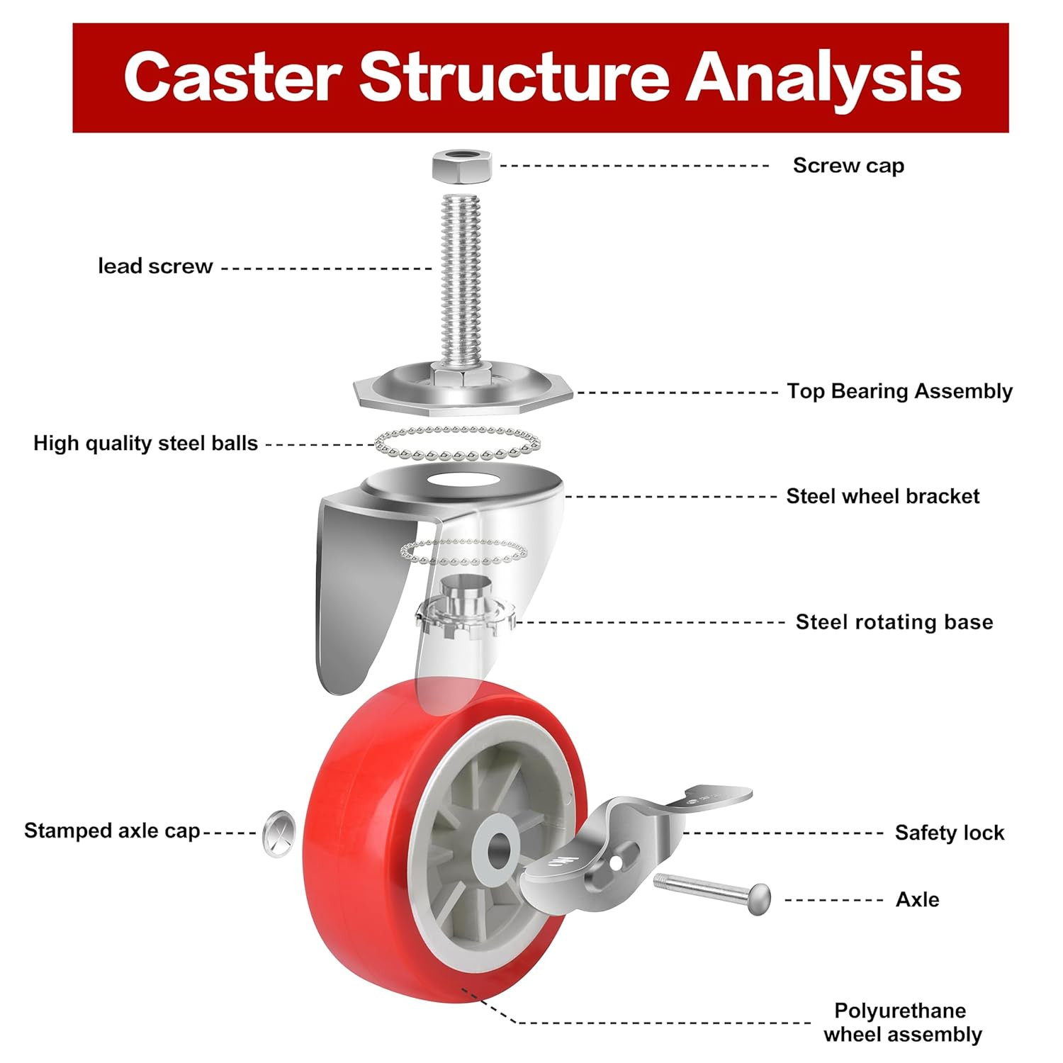 3 Inch Stem Casters Swivel Wheels with Brake Locking Set of 4 600lb 3/8