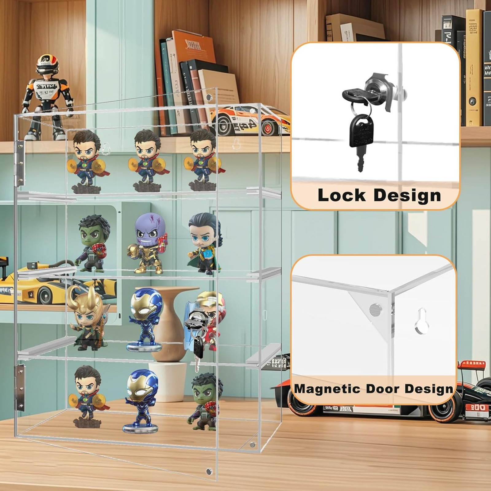 Acrylic Display Case with Locking Door 4 Tier Clear Display Cabinet for