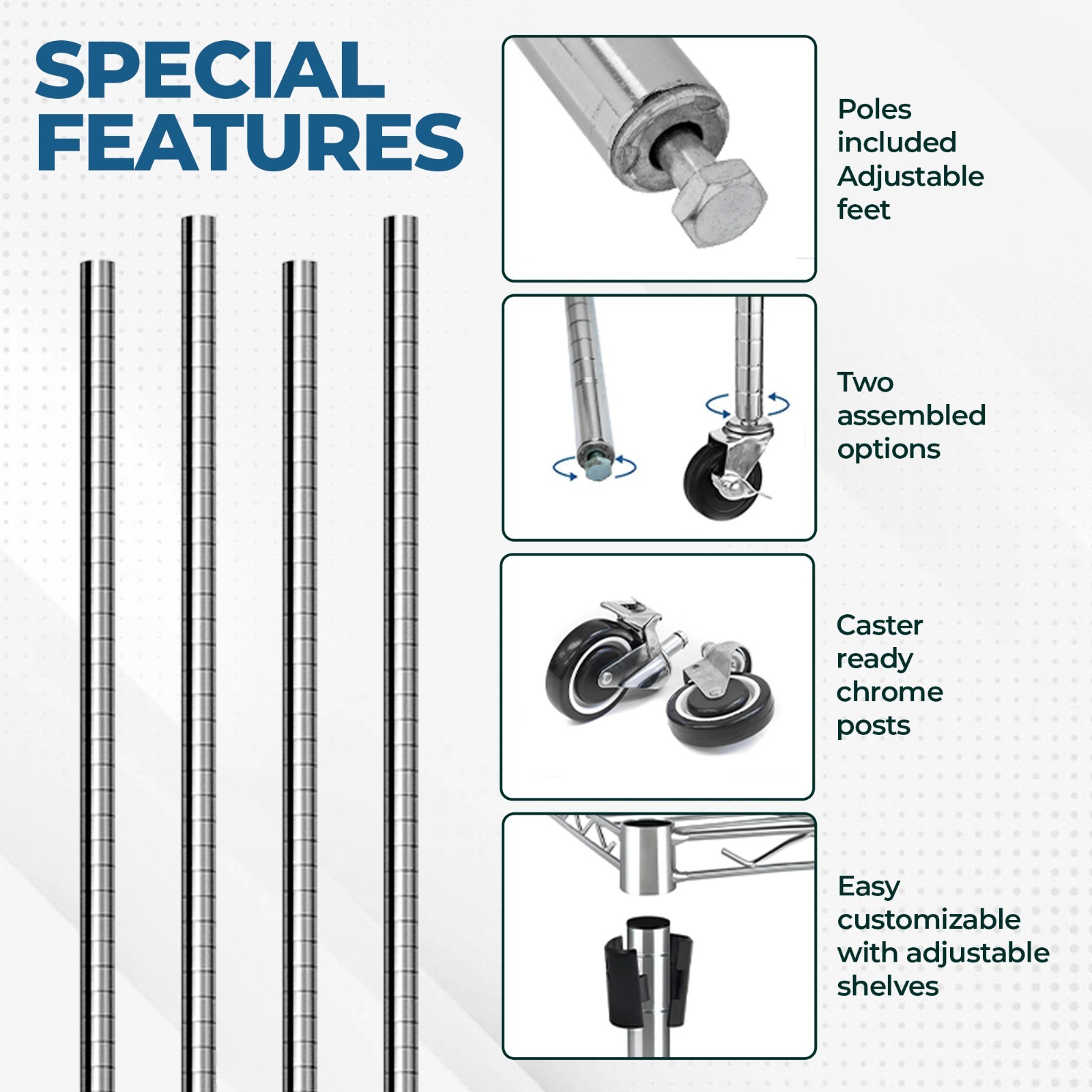 Commercial Chrome Posts for Wire Shelving- Set of 4 Poles