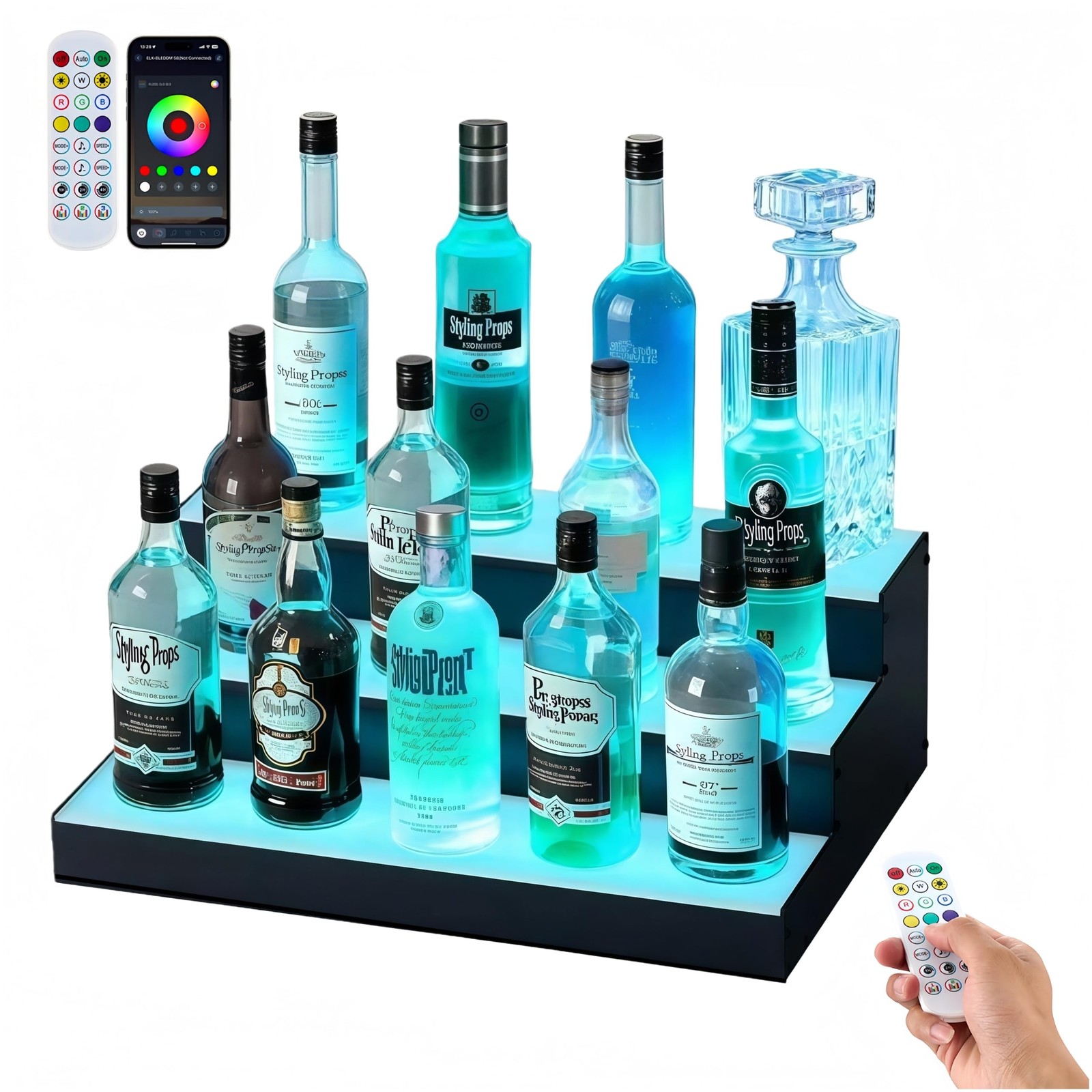 2 Pack Lighted Liquor Bottle Display Shelf – 16″ 3-Tier LED Acrylic 2*16-Inch