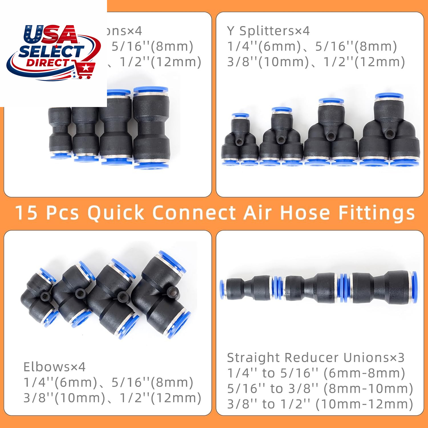 Push to Connect Air Line Disconnect Tool Kit with 15 Pneumatic Fittings