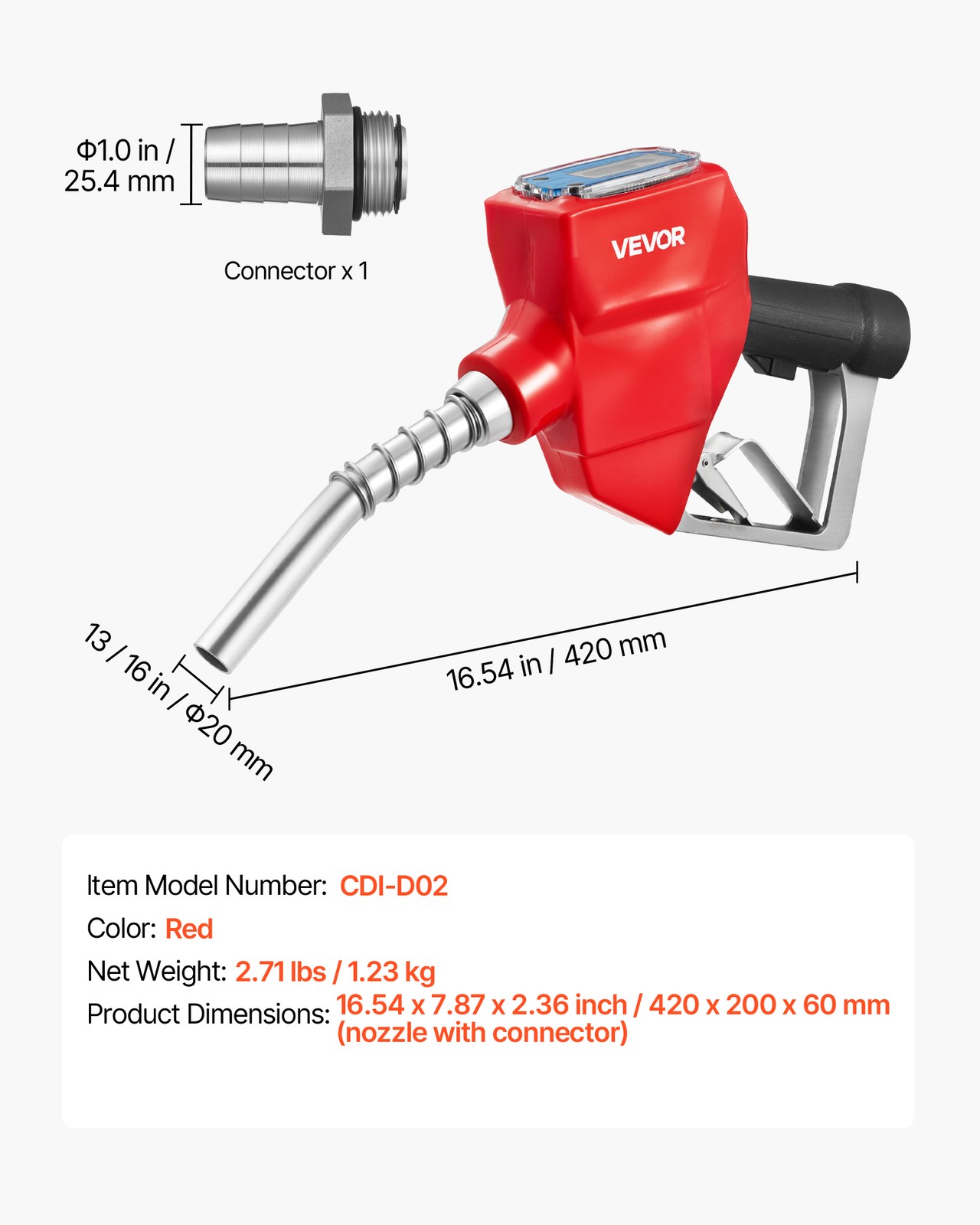 VEVOR 1 in Barb Digital Fuel Nozzle 3/16 in Spout Auto Shut Off Gas Nozzle
