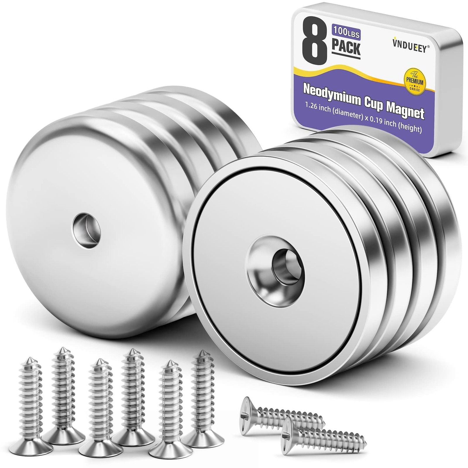 8 Pack Neodymium Magnet Cup 100 LBS Strong Rare Earth Magnets with Countersun…