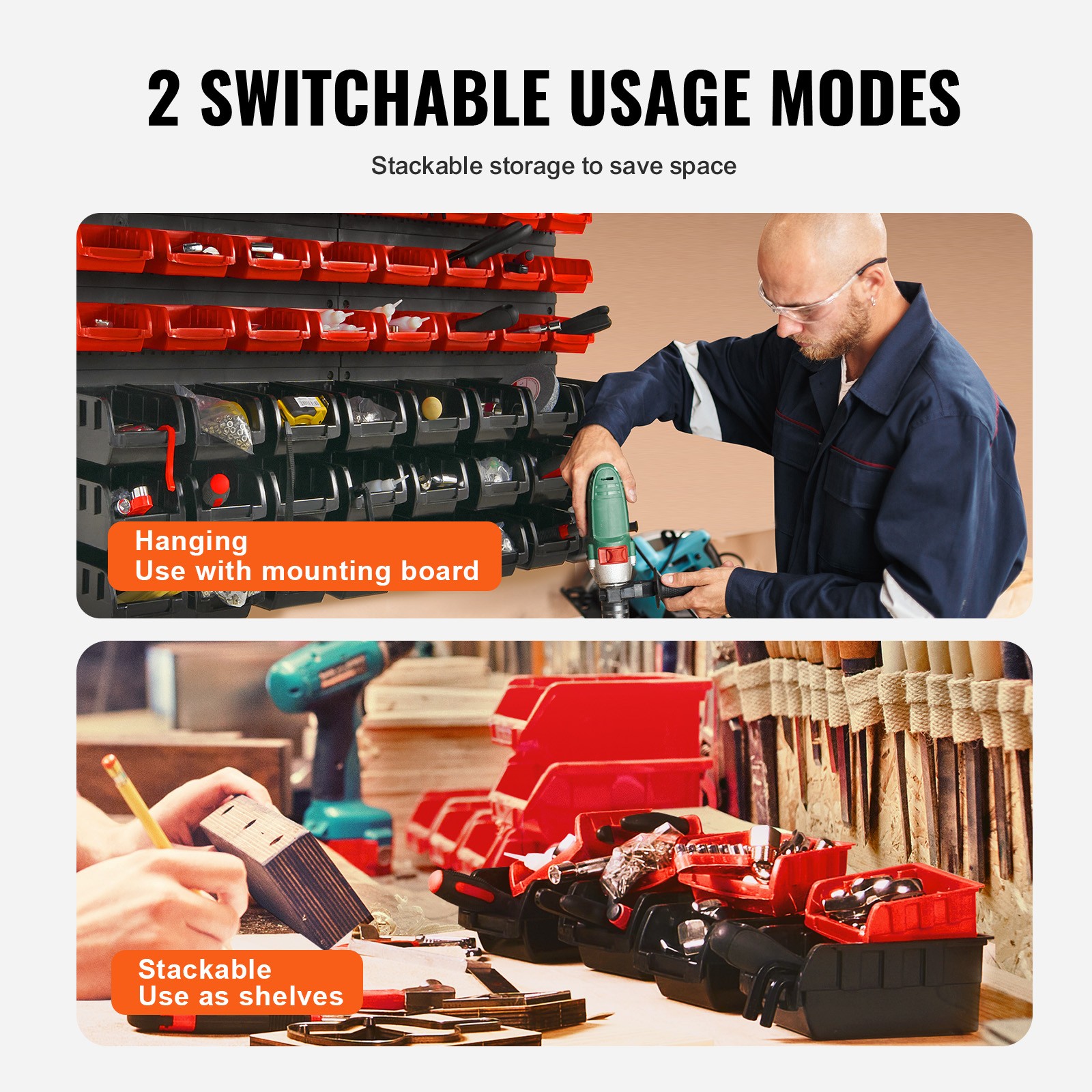 VEVOR Wall Mounted Storage Bins Small Parts Organizer Garage Tool Rack 48 Bins