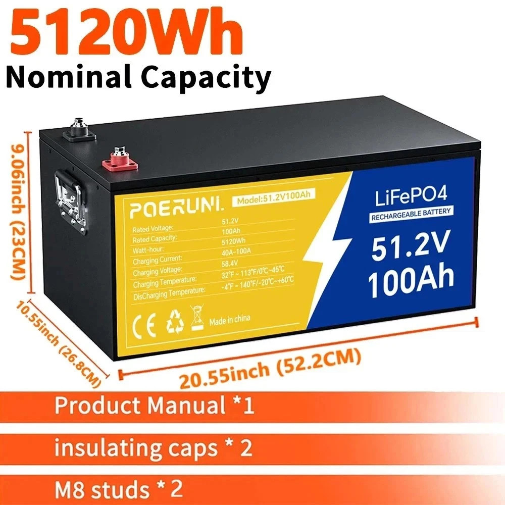 POERUNI 12V 300Ah LiFePO4 Battery 4000+ Deep Cycles 3840Wh 200A BMS for RV Solar