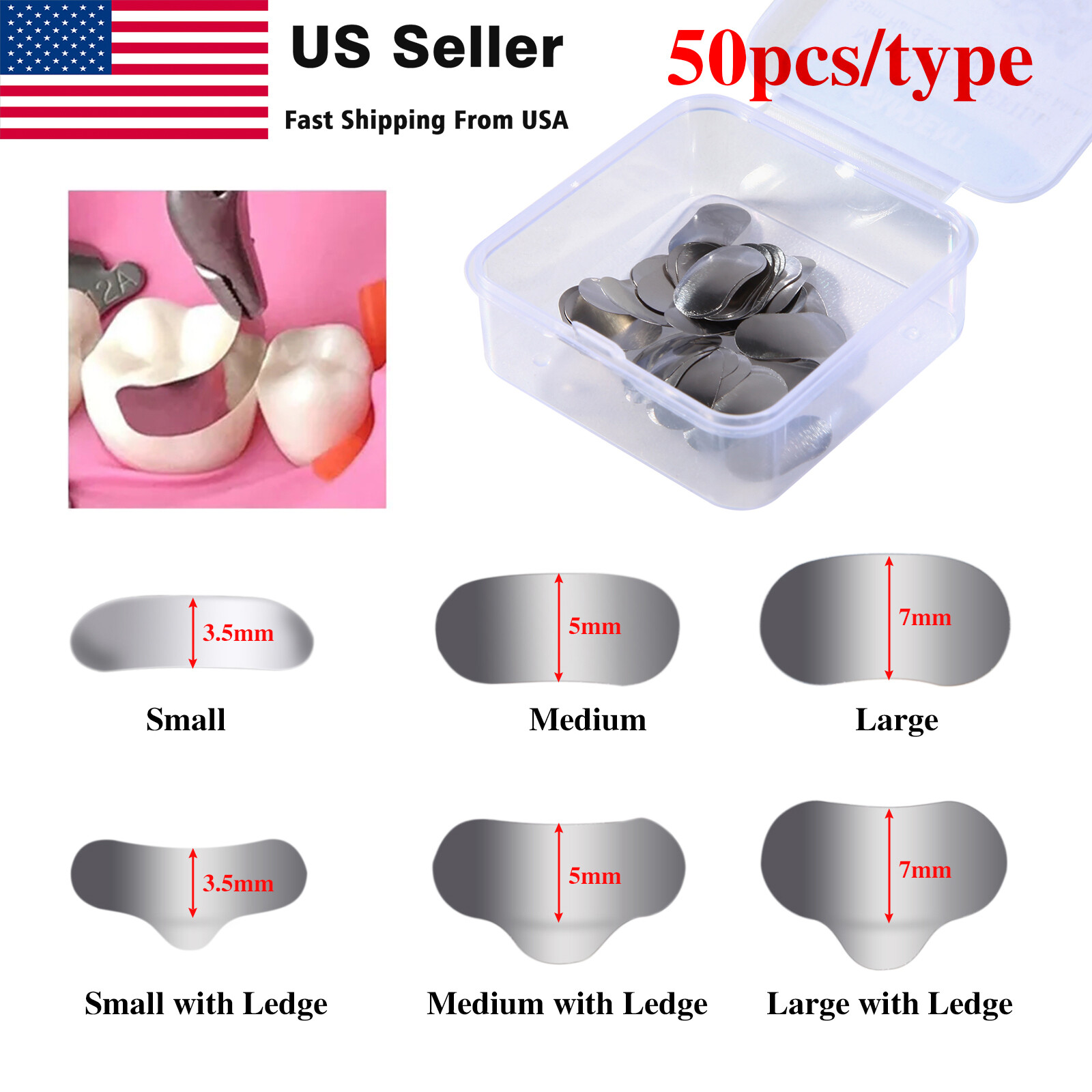 50pcs Dental Metal Matrices Sectional Contoured Matrix Refill band S/M/L [USA]