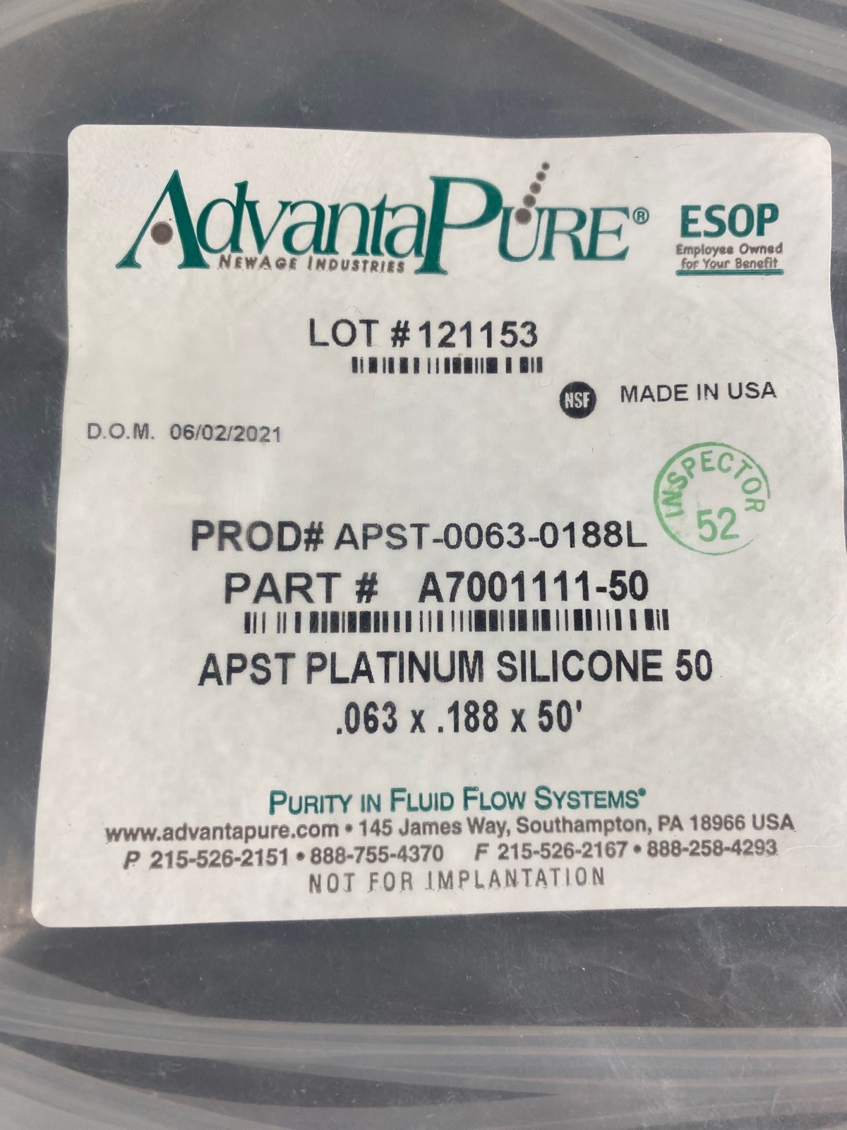 ADVANTAPURE PST Platinum Silicone Tubing 1/16in ID x 0.188in OD A7001111-50 50ft