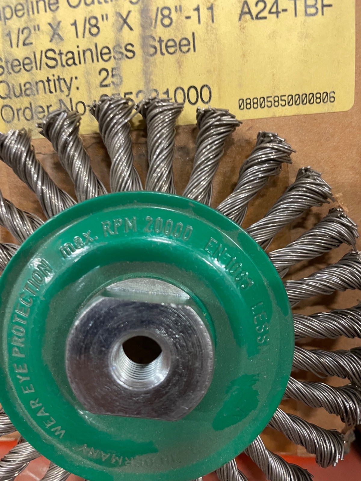 3 ea. 4″ Knot Wheel Brush Stainless Steel .020 SS 20,000 RPM 1/2 – 13 arbor