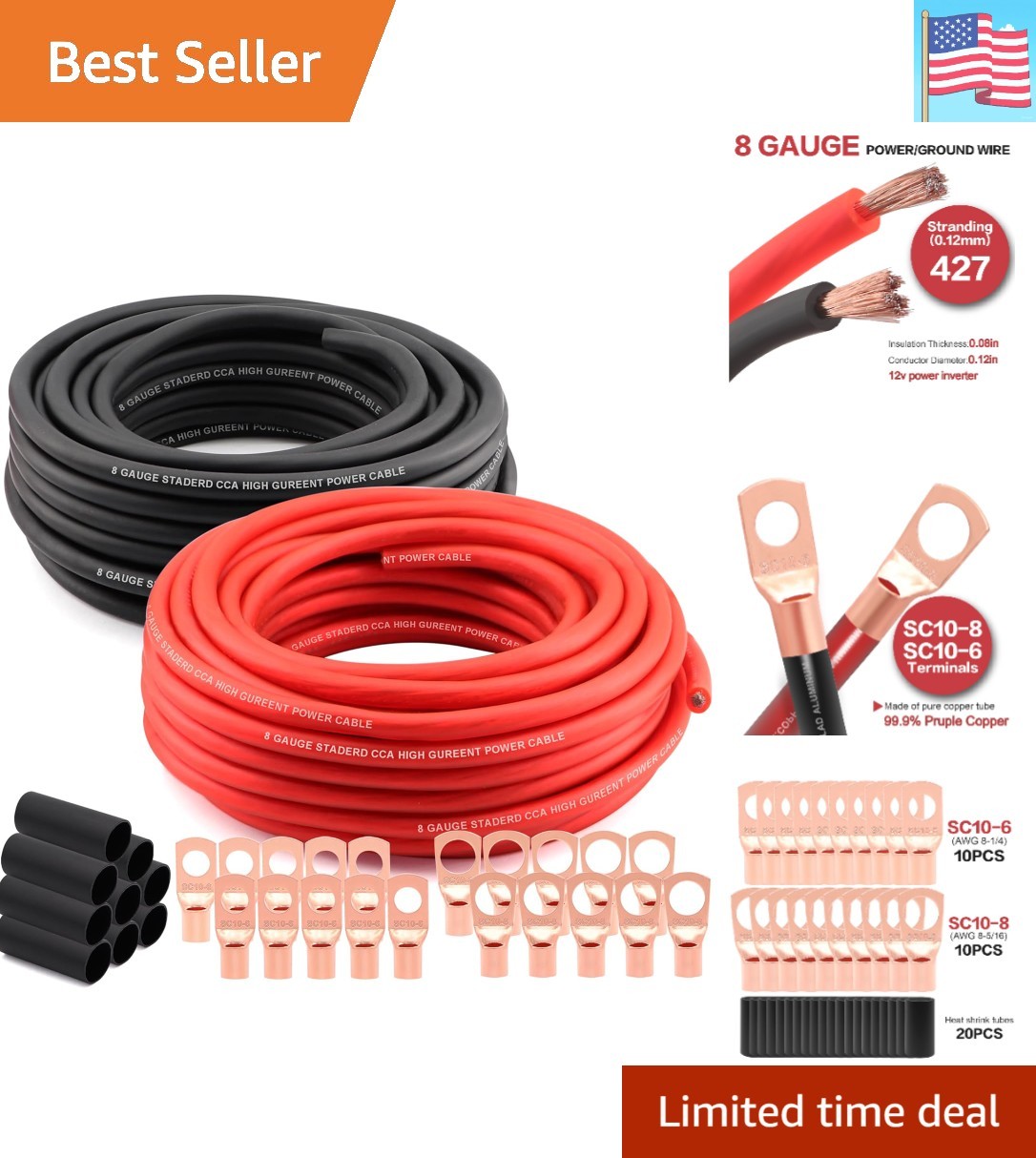 8 Gauge Wire 50ft Each – Red/Black Copper Clad Aluminum CCA – Primary Automot…