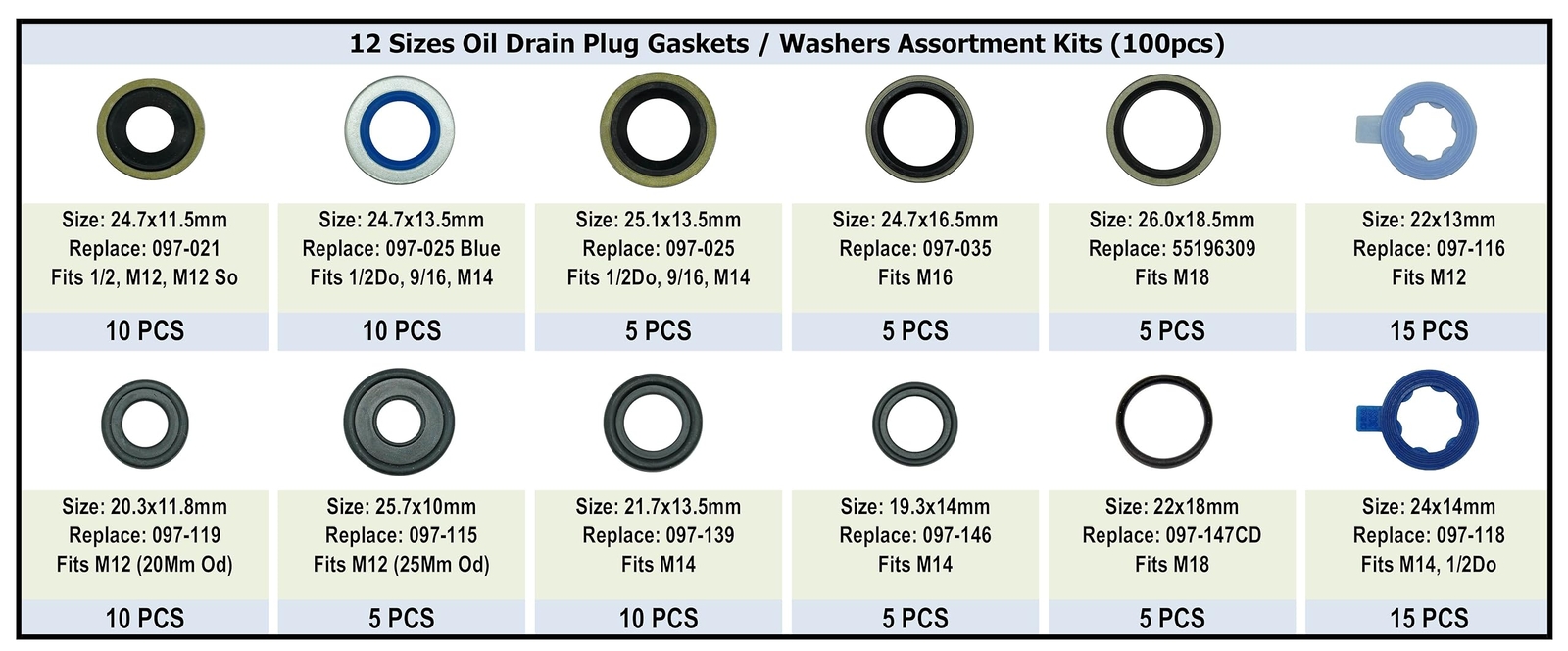 100Pcs 12 Types Metal Rubber Master Oil Drain Plug Gasket Assortment Kit Repl
