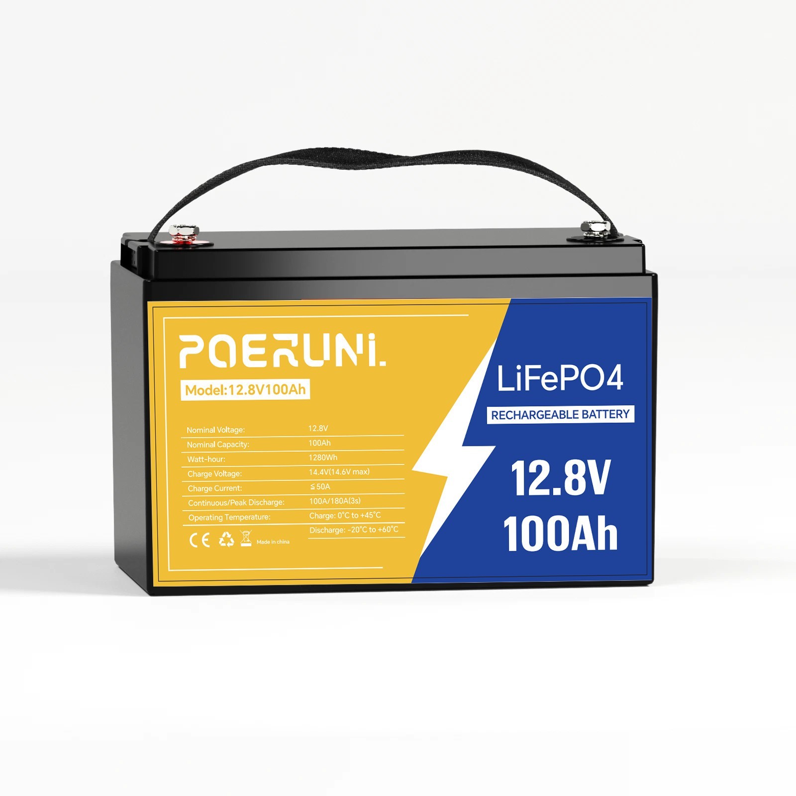 12V 100Ah LiFePO4 Lithium Battery POERUNI Deep Cycles BMS for Solar RV Marine