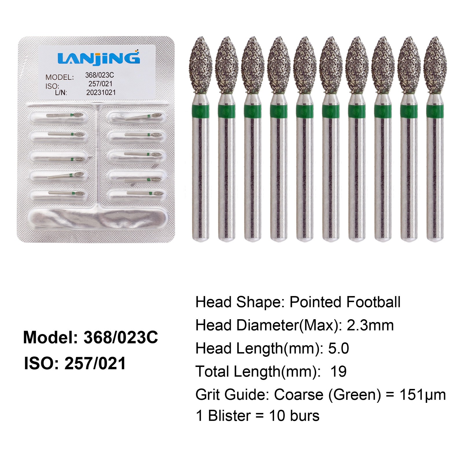 Dental Diamond Football Burs FG 368/023C Coarse Green High Speed Friction Grip