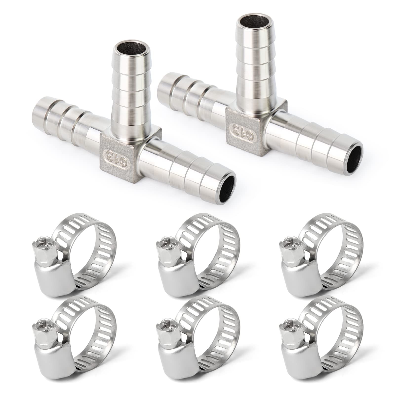2PCS 304 Stainless Steel 5/16″ x 5/16″ x 5/16″ Hose Barb Fittings，3 Way Tee