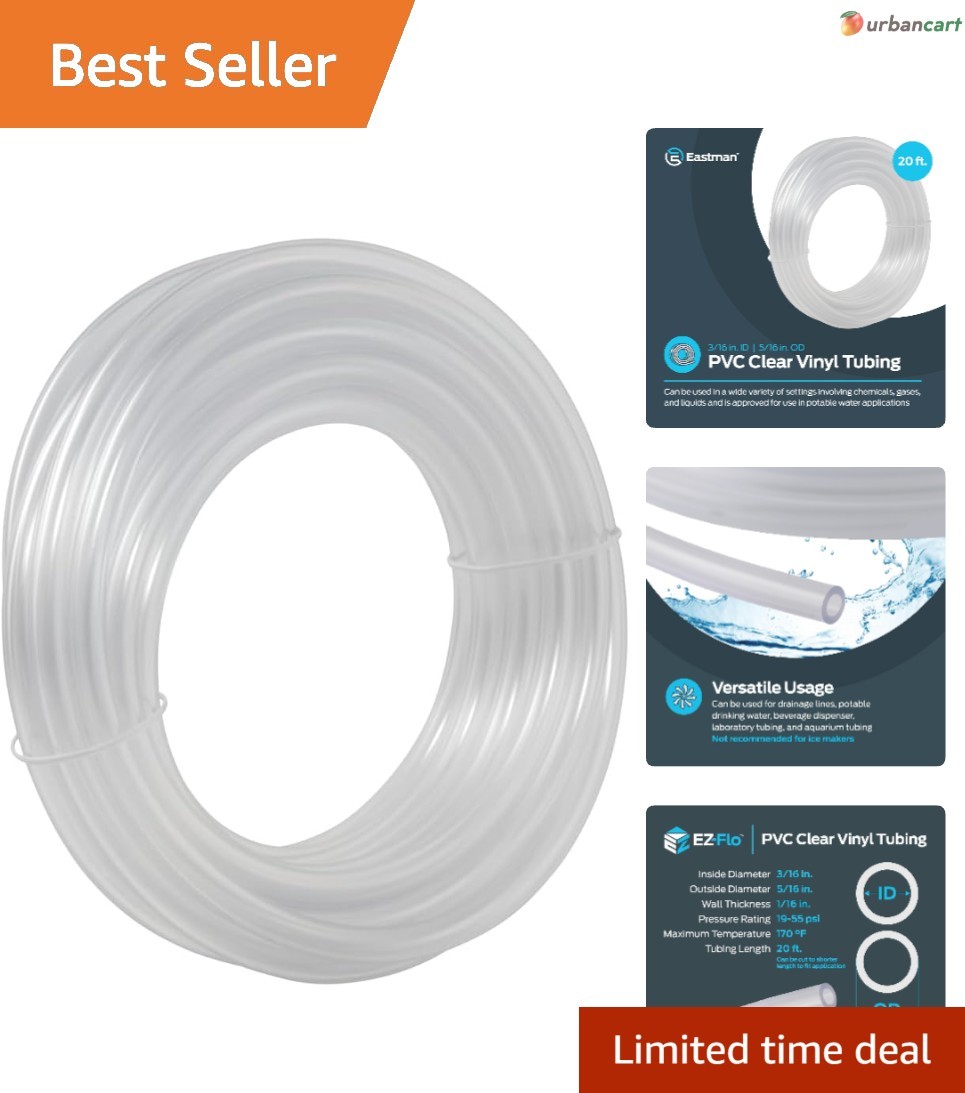 20-Foot Clear PVC Vinyl Tubing, 3/16 Inch ID, Multi-Purpose