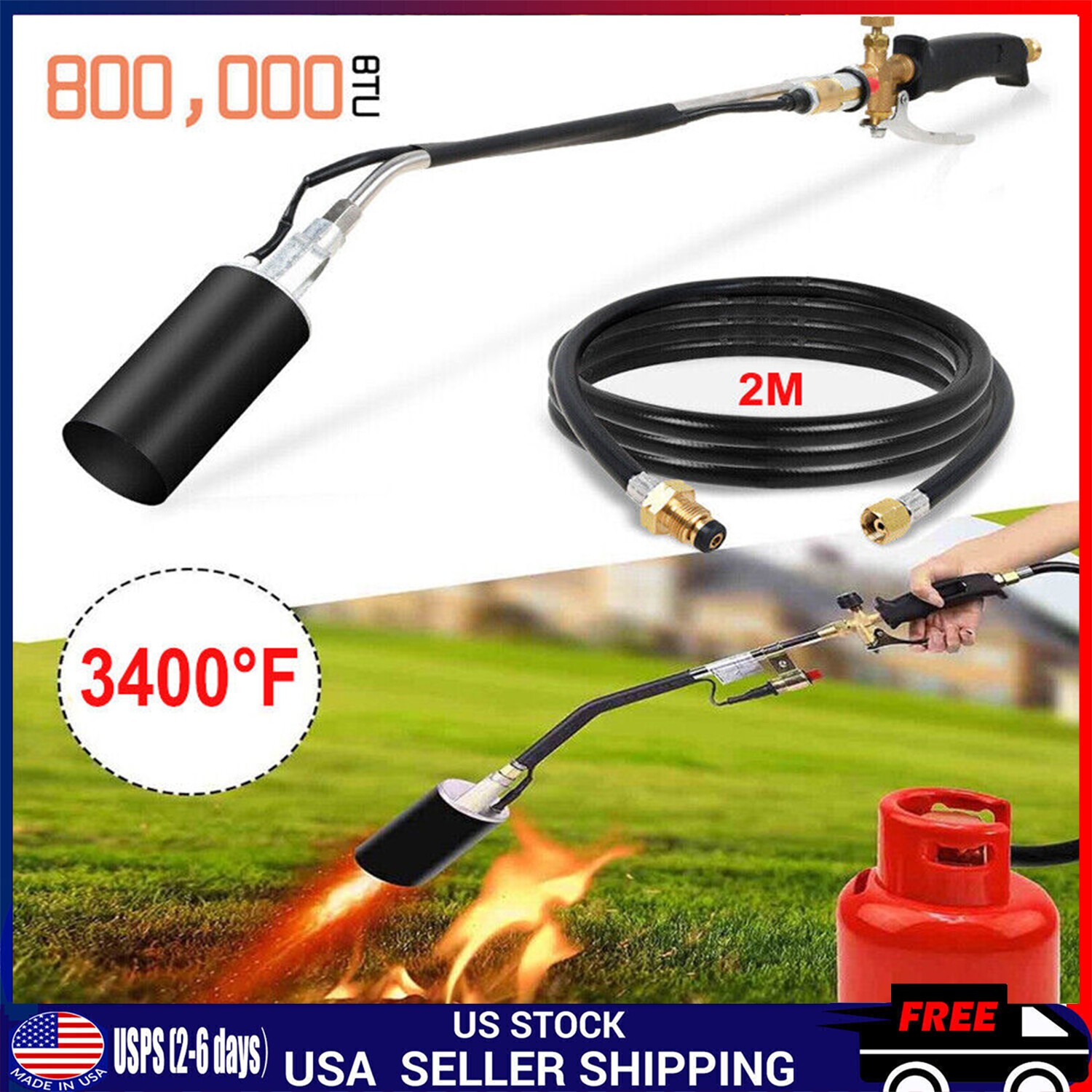 Weed Burner Torch Kit Shrub Weed Grass Killer Butane Gas Garden Tools Nozzl Hose