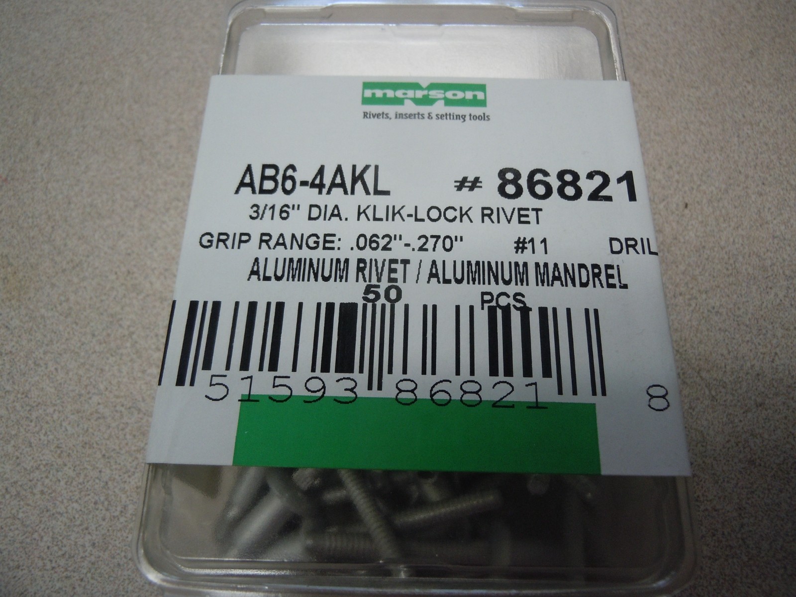 Structural Blind Rivet Dia. 0.188″ (3/16″) 0.062″ 0.270″ BH AL/AL QTY 50