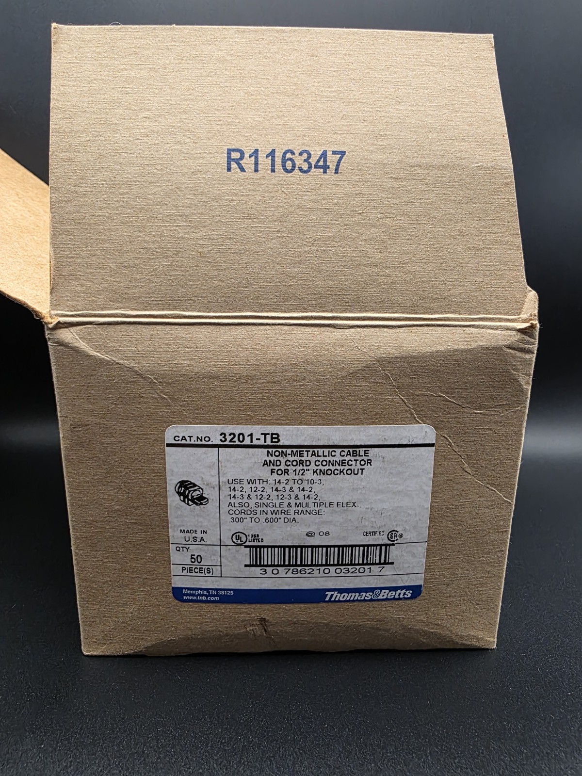 Thomas & Betts 3201-TB Non-Metallic Cable Connector 1/2″ Knockout Box of 50 NEW