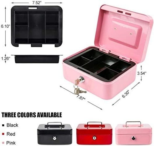Locking Steel Medium Cash Box with Removable Coin Tray and Key Lock,7.87″x 6….