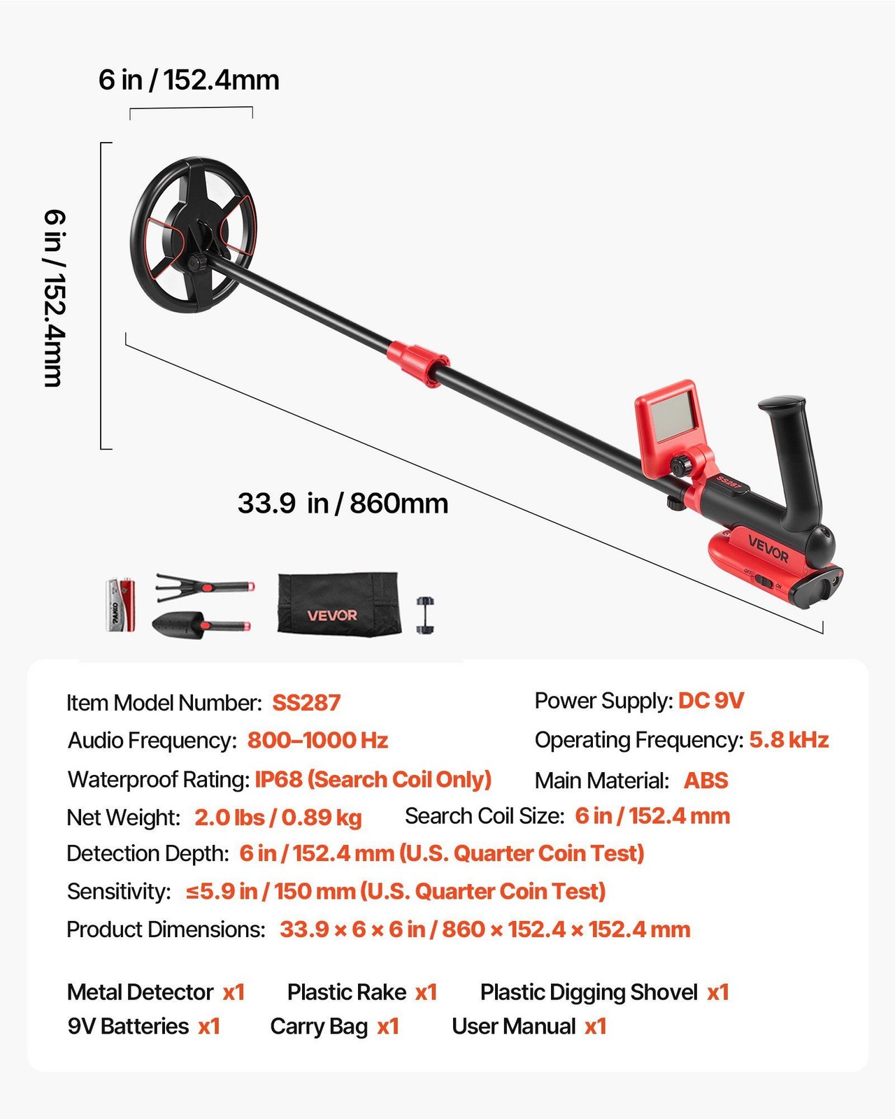 IP68 Waterproof 6″ Metal Detector: 5.8kHz, TN LCD, 22.8-33.8″ Adjustable Handle