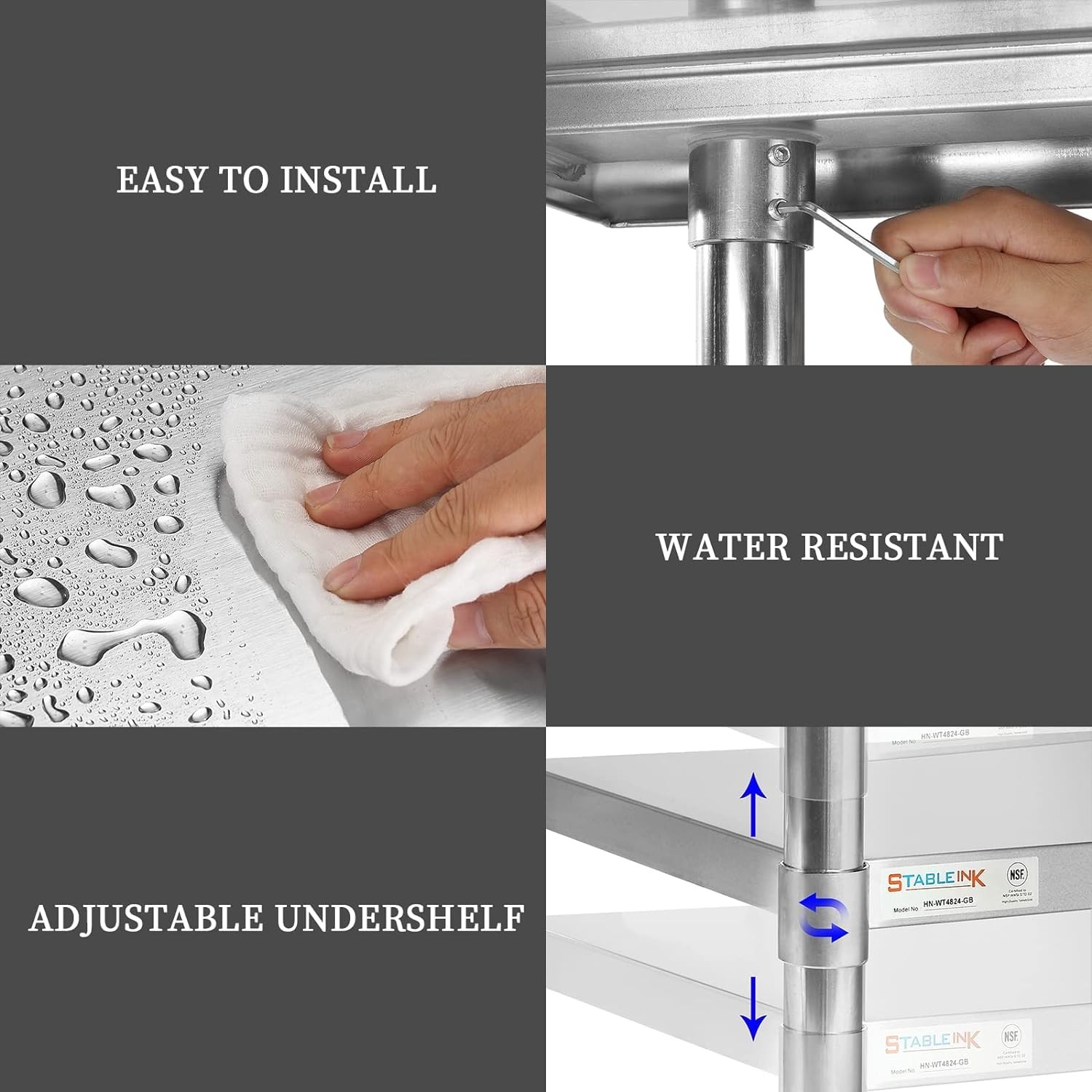 STABLEINK NSF Stainless Steel Prep Table 48 x 24 Inches Metal Work Table with Ad