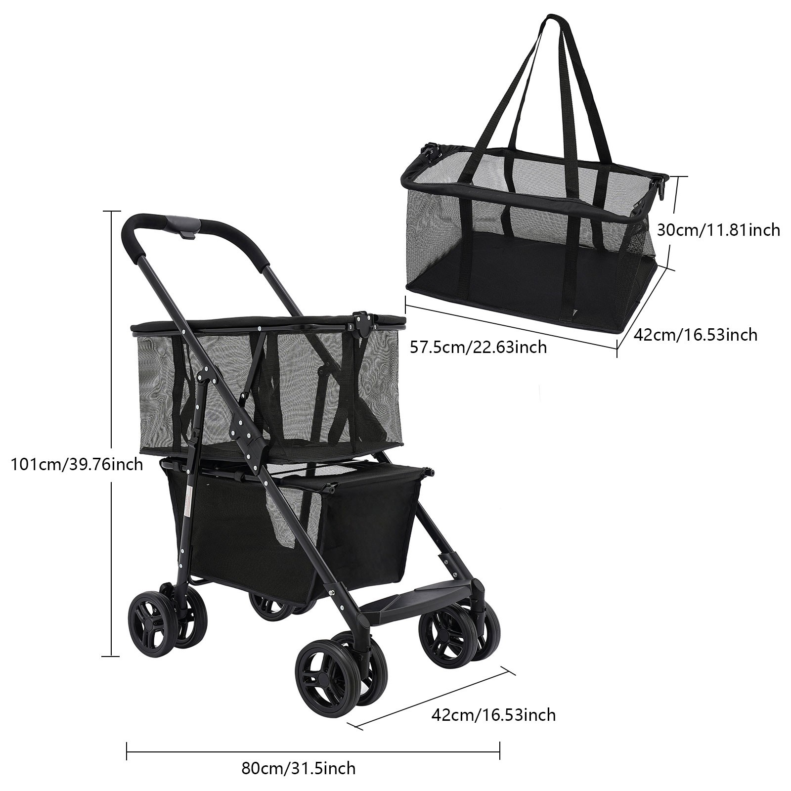 Oxford Cloth Foldable Shopping Cart 50kg Capacity Detachable Mesh Bag Black
