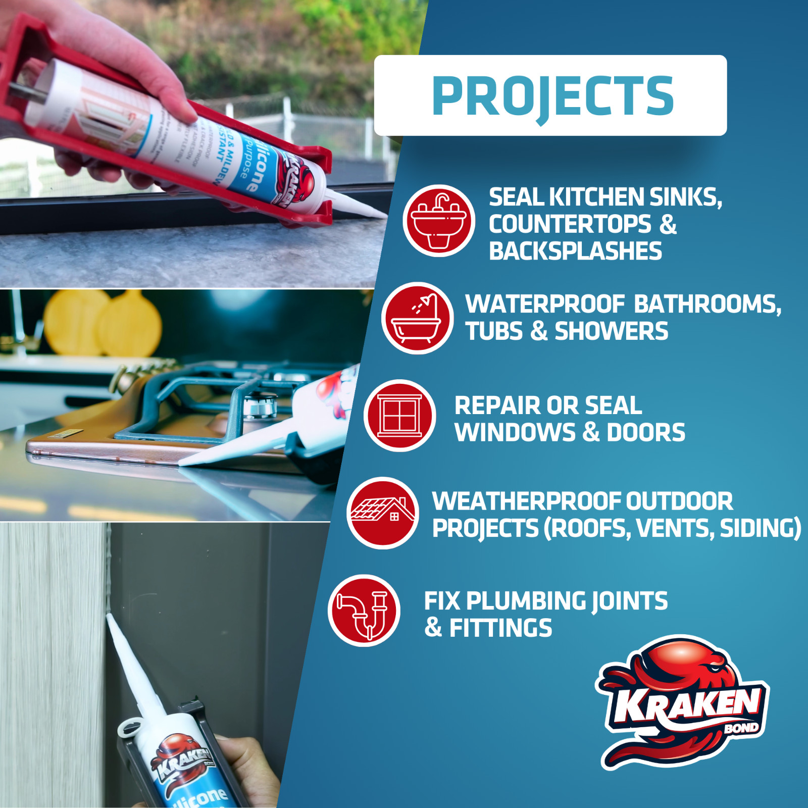 Kraken Bond RTV Silicone (10.1 fl oz) 12 Pack | Waterproof Caulk | Transparent