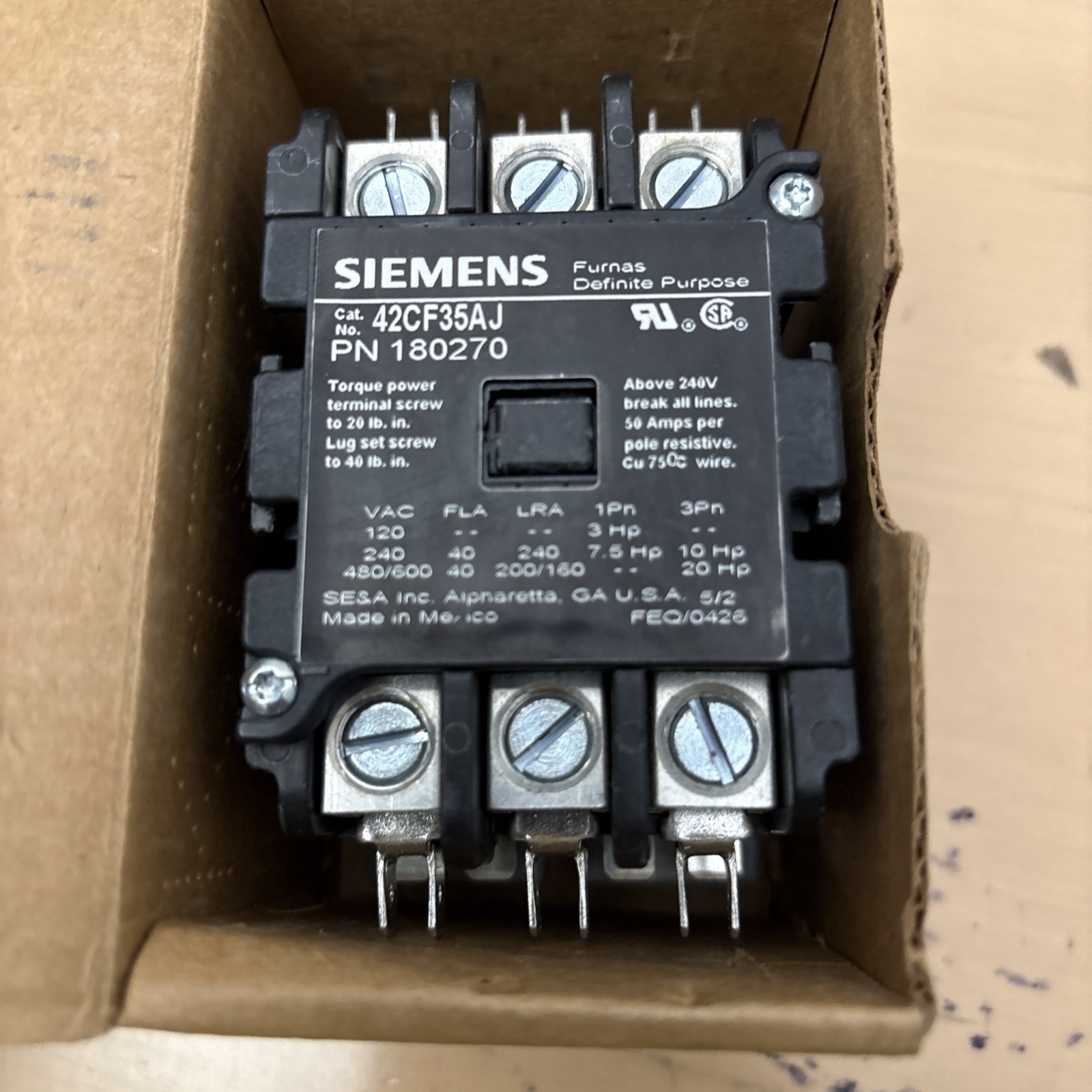 Siemens 42CF35AJ Definite Purpose Contactor 3-Pole 40A FL 50A RES 24V Coil New
