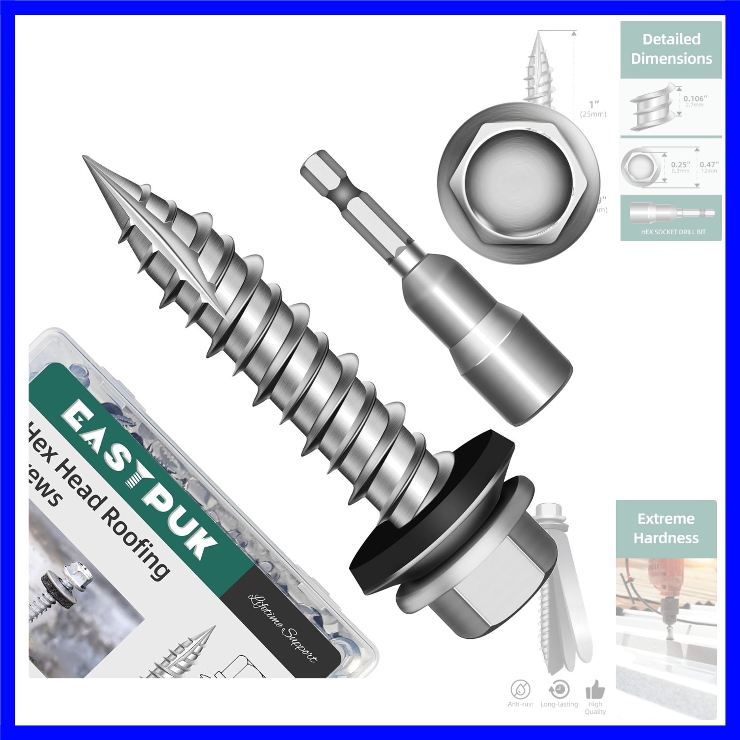 100Pcs x 1 Inch Hex Head Metal Roofing Screws, Hex Head Metal Roof Screws wit…