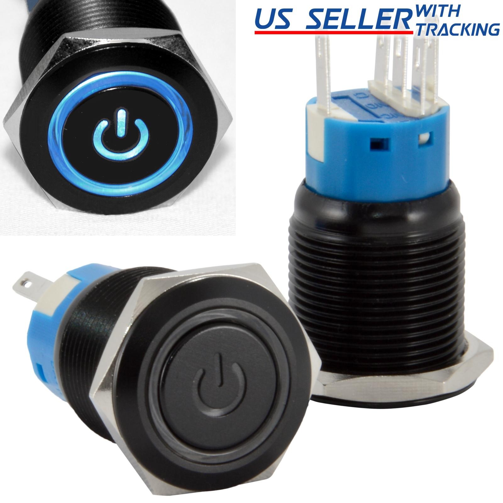 19mm 12V Latching Push Button Power Switch Black Metal Blue LED Waterproof