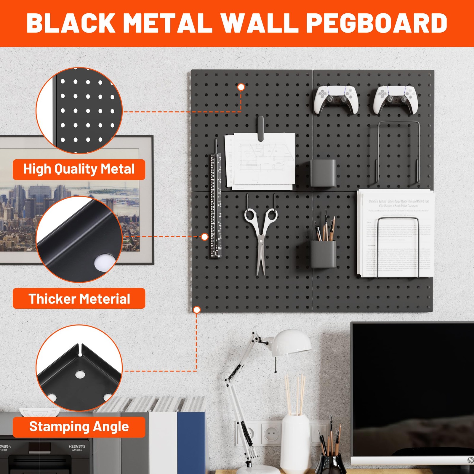 Metal Pegboard Panels 6 Pack 12×12 Inch Heavy Duty Black Wall Organizer