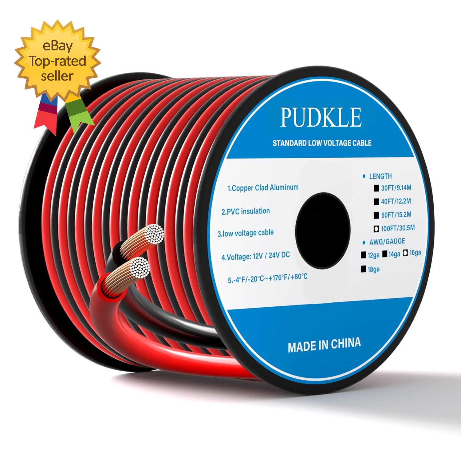 16 Gauge/16 AWG Copper Clad Aluminum 2 Conductor Red Black Electrical Wire 100..