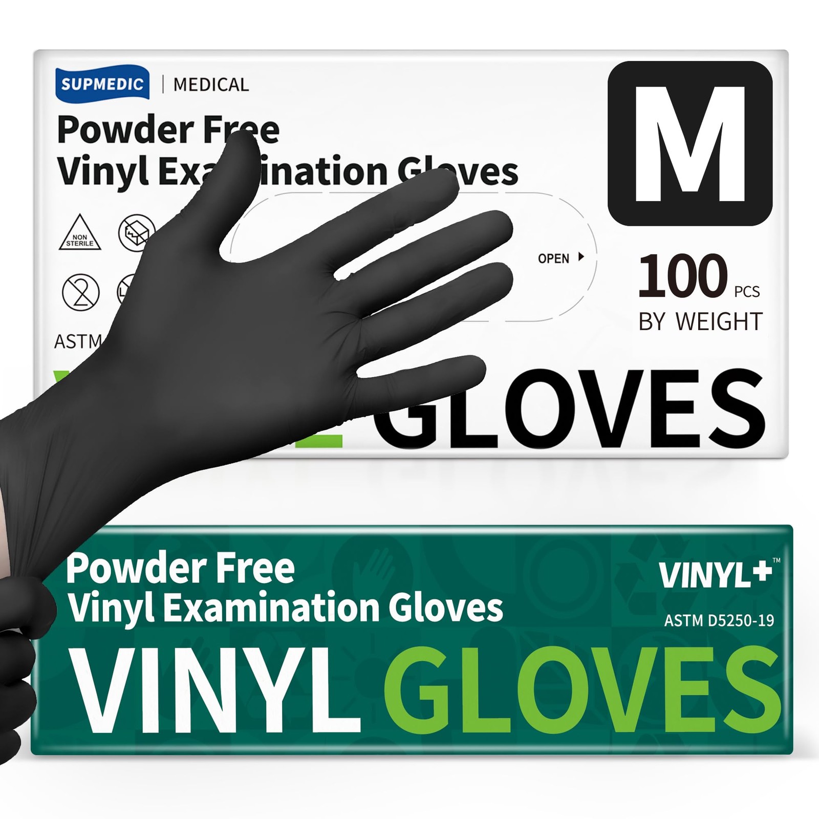 Supmedic Vinyl Disposable Exam Gloves, Black 4 Mil Medium, 100 Medium (Black)