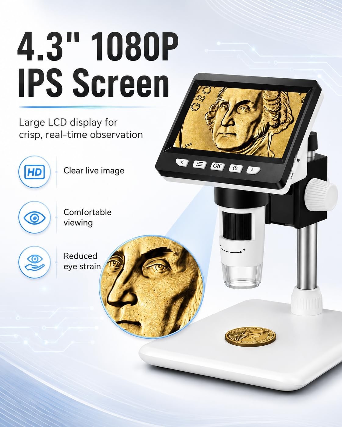 Digital Coin Microscope 1000X For Error Coins W/ 8 LED Lights PC View 4.3″
