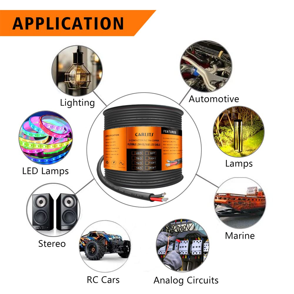 18 Gauge 3 Conductor Electrical Wire,150Ft 18 AWG Stranded Low Voltage 18/3 Cabl