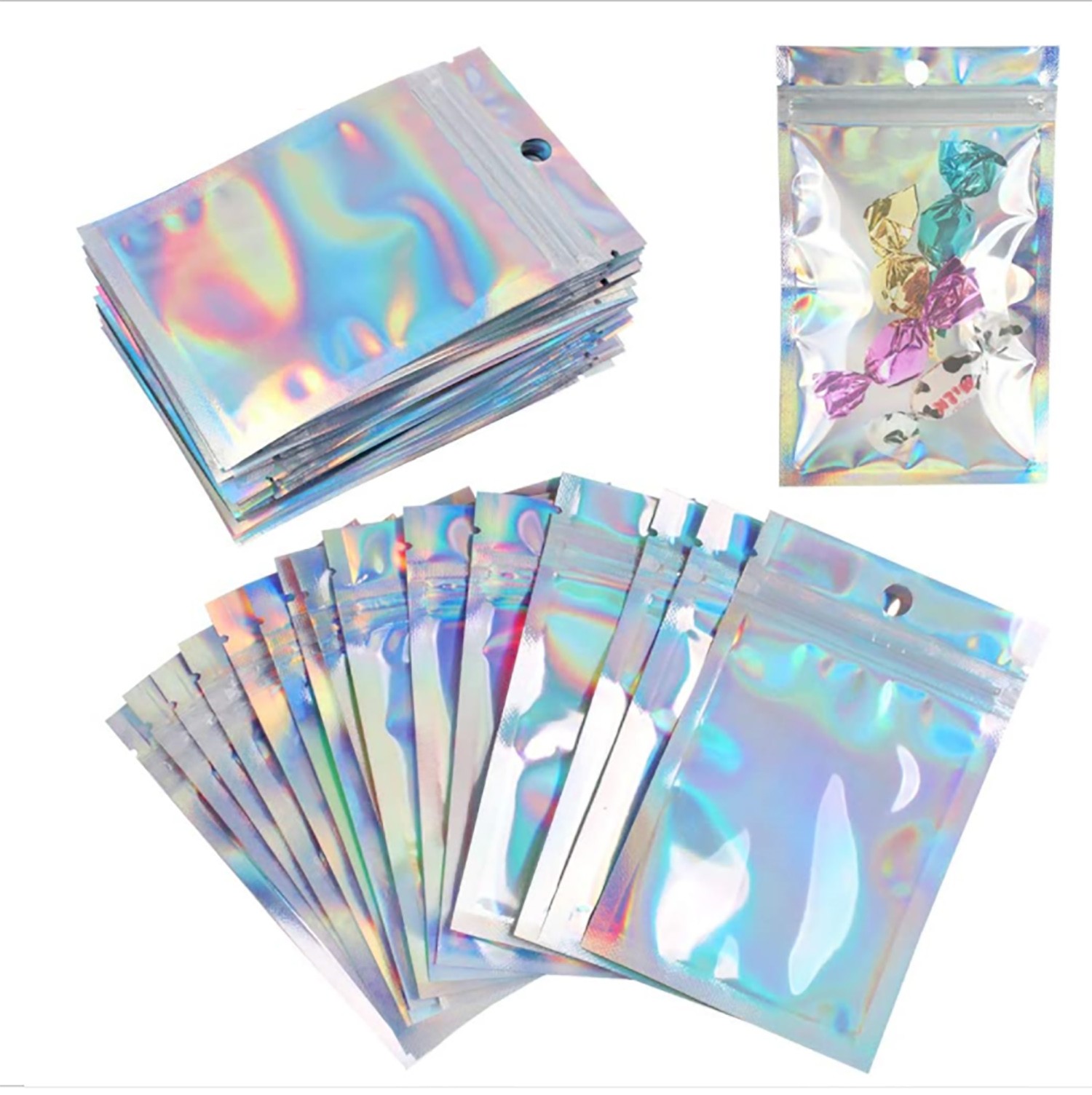 100/200Pcs Holographic Mylar Foil Bags Smell Proof Resealable Zip Seal Pouches
