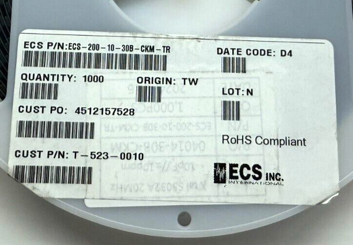(100 PIECE LOT) ECS-200-10-30B-CKM-TR, ECS CRYSTAL 20.0000MHZ 10PF SMD, ROHS
