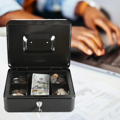 xydled Locking Steel Medium Cash Box with Removable Coin Tray and Key